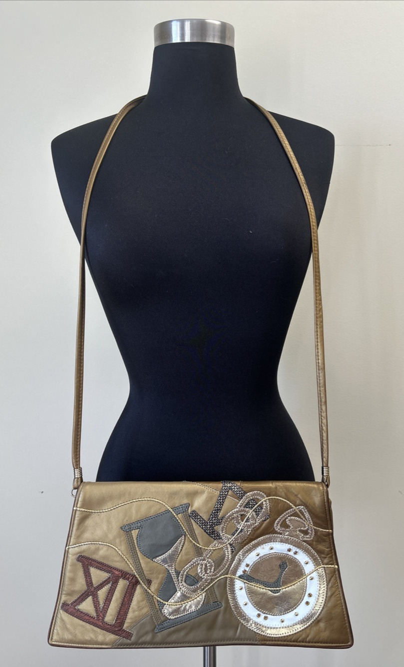 Vintage 1980s Colini Handbags USA Gold Leather Clock Art Time Shoulder Purse